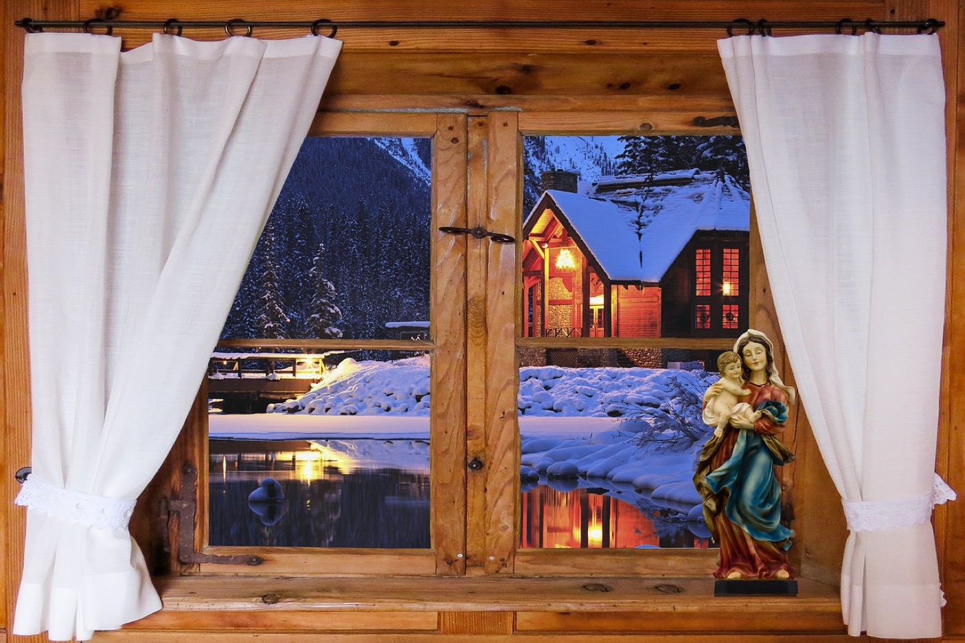 A heavy lined curtain drawn closed across a large window in a warm-lit winter living room.